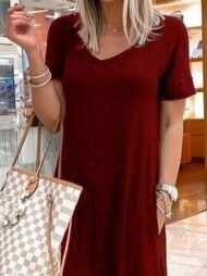 V-Neck Short Sleeve Casual Pocket Dress - Image 4