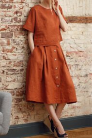 Linen Blend Short Sleeve T-shirt & Skirt Two-piece Set - Image 2