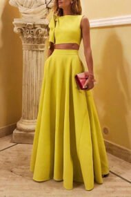 Fashion Yellow Frill Sleeve A-line Date Two-piece Set - Image 2