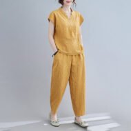 Linen Blend Casual V Neck Short Sleeve Two-piece Set - Image 3