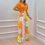 Solid Color Cropped Top Floral Pants Two-piece Set