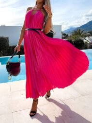 Women's Dresses Solid V-Neck Pleated Sleeveless Dress - Image 4