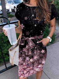 Women's Dresses Printed Belted Pocket Short Sleeve Dress