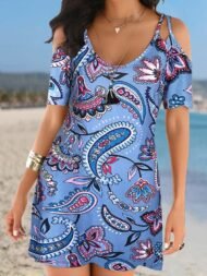 Women's Dresses Vintage Print Sling Strap Off Shoulder Short Sleeve Dress - Image 2
