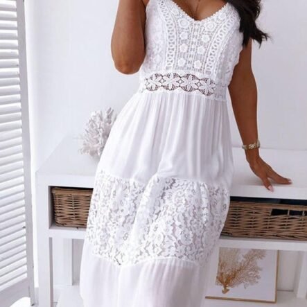 Women's Dresses V-Neck Sling Lace Panel Midi Dress