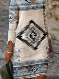 Women's Dresses V-Neck Retro Print Long Sleeve Casual Dress - Image 3